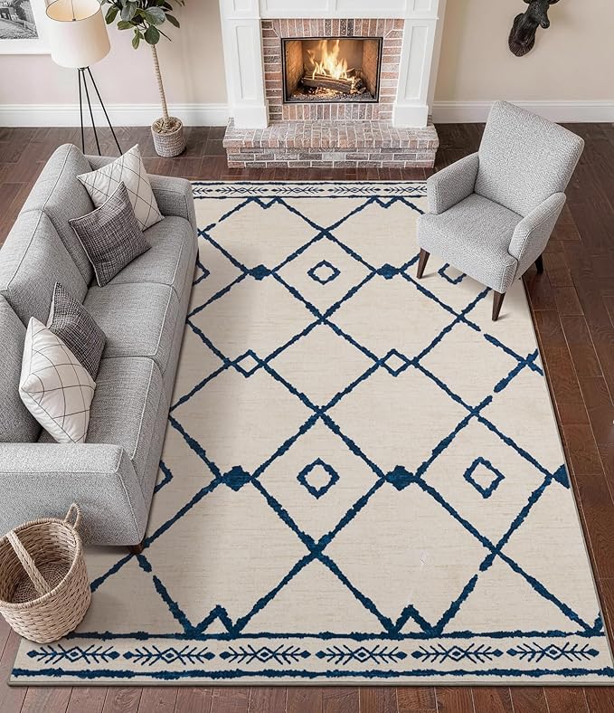 YIHOUSE Boho Rugs for Living Room, 8x10 Western Beige and Blue Area Rug, Moroccan Geometric Soft Low-Pile Washable Rugs for Bedroom, Dining Room