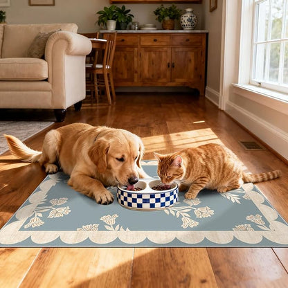 Front Door Mat Outside Entrance - 2x3 Floral Non-Slip Washable Doormat Indoor Outdoor Mat Blue Retro Farmhouse Scalloped Entry Rug Small Throw Rugs for Entryway Kitchen Front Porch Decor