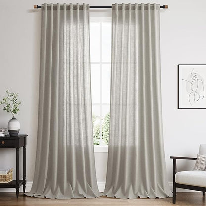 Silver Grey Linen Curtains 102 Inches for Living Room Bedroom Extra Long Back Tab Curtain Neutral Farmhouse Light Filtering Semi Sheer Ceiling to Floor for Large Window Office 2 Panels