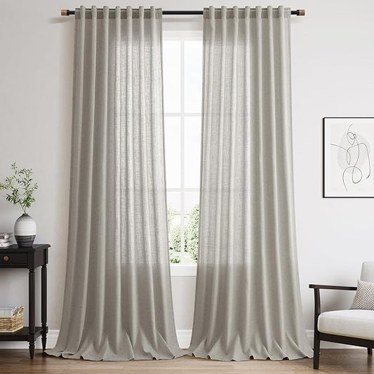Silver Grey Linen Curtains 120 Inch Extra Long for Living Room Back Tab Light Filtering Semi Sheer Drapes Modern Farmhouse Boho Textured Curtain for Floor to Ceiling High Window 52x120,2 Panels