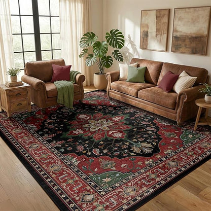 Area Rugs 5'x7' Washable Non-Slip, Floral Vintage Distress Print Pattern Medallion Carpet for Living Room Bedroom Dining Room, Red Black