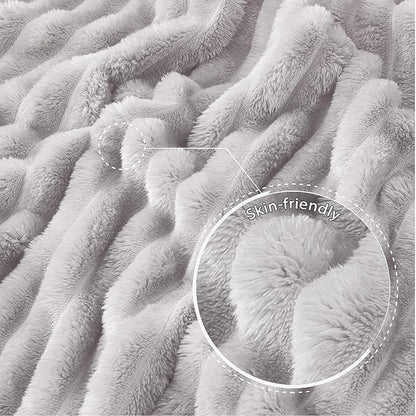 Exclusivo Mezcla King Size Flannel Fleece Blanket, Super Soft Striped Jacquard Bed Blanket, Lightweight Fuzzy Cozy for All Seasons, 90x104 Inches, Light Grey