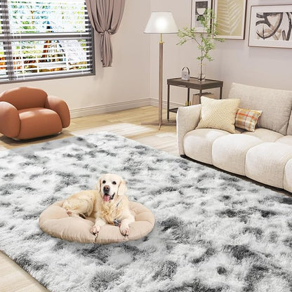 LOCHAS Ultra Soft Indoor Modern Area Rugs 8 x10, Fluffy Living Room Carpets for Children Bedroom Home Decor Nursery Rug, Tie-Dyed Grey & White