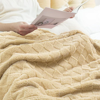 Exclusivo Mezcla Fleece Throw Blanket for Couch,Super Soft and Warm Lightweight Checkered Pattern Blankets for All Seasons,50x60 Inches, Beige