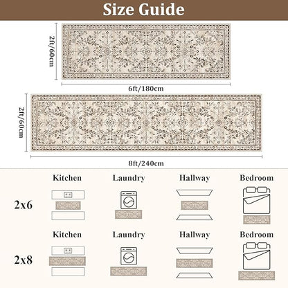 Yamaziot Washable Runner Rug 2x8 – Non Slip Boho Floral Hallway Runner Rug with Rubber Backing, Low Pile Faux Wool Distressed Carpet for Kitchen, Laundry, Bedroom, Entrance, Brown