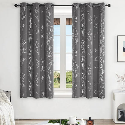 Deconovo Grey Blackout Curtains for Living Room, Thermal Insulated Soundproof Drapes, Silver Branch Foil Print, 42 x 63 Inches Long, 2 Panels, Machine‑Washable Grommet Window Panel for Bedroom Office