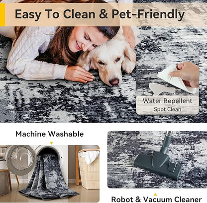 Washable Area Rugs 2'x3' Non-Slip Modern Abstract Soft for Living Room Entryway Bedroom Nursery, Print Pattern, Black Navy Blue Gray