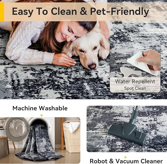 Washable Area Rugs 5'x7' Non-Slip Modern Abstract Soft for Living Room Entryway Bedroom Nursery, Print Pattern, Black Navy Blue Gray