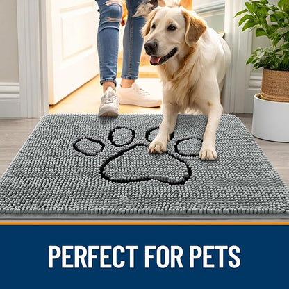 OLANLY Dog Door Mat for Muddy Paws 47x32, Paw Print Design, Absorbs Moisture and Dirt, Absorbent Non-Slip Washable Doormat, Quick Dry Chenille Mud Mat for Dogs, Entry Indoor Entryway Carpet, Grey