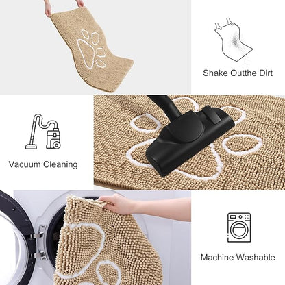 Smiry Dog Door Mat for Muddy Paws, Absorbent Dirt Trapper Non Slip Quick Dry Washable Chenille Mat for Mud Dogs, Entry Rug for Indoor and Outdoor (70x24 Inches, Beige and White)