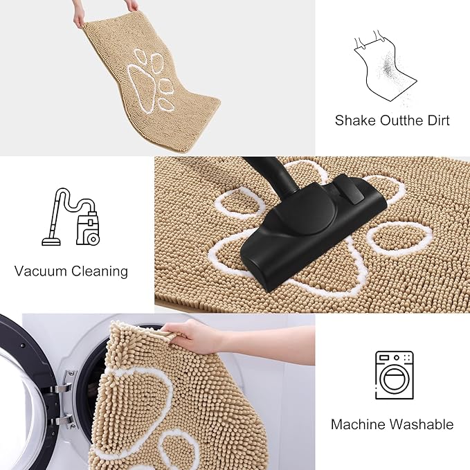Smiry Dog Door Mat for Muddy Paws, Absorbent Dirt Trapper Non Slip Quick Dry Washable Chenille Mat for Mud Dogs, Entry Rug for Indoor and Outdoor (54x32 Inches, Beige and White)