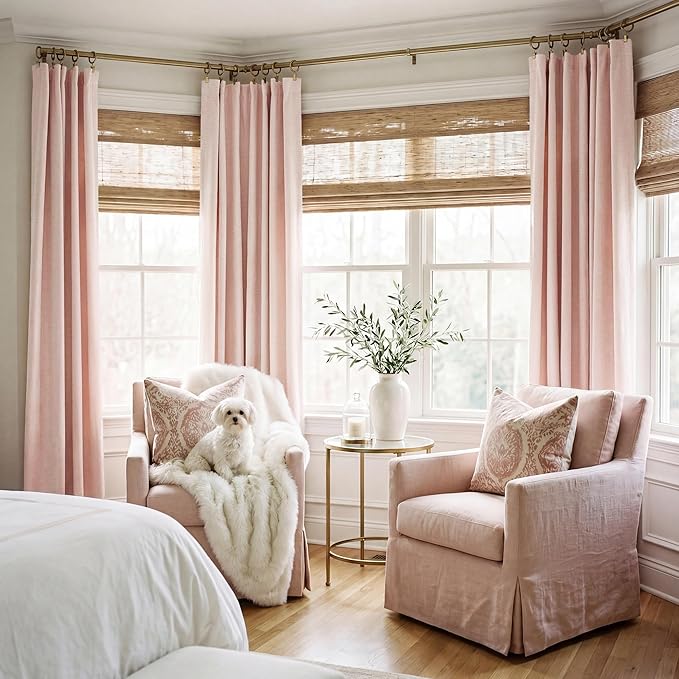RYB HOME Pink 100%Blackout Linen Curtains for Girl's Room W52 x L84, Thermal Insulated &Privacy Assurd Curtains for Bedroom/Nursery/Living Room, Rod Pocket&Back Tab Drapes Boho Vintage Style, 2 Panels