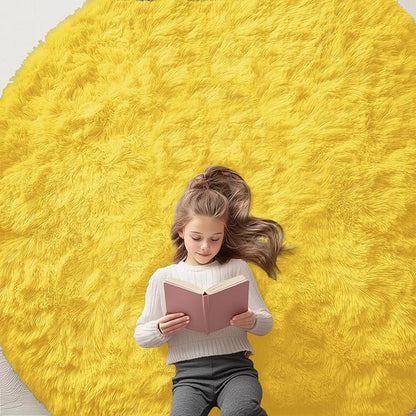 OLANLY Yellow Round Rugs for Bedroom - Machine Washable, 7 ft Circle Area Rugs for Living Room, Soft and Fluffy Shaggy Carpet for Teen Girl and Boys, Nursery Rooms, Dorms, Home Decor Aesthetic