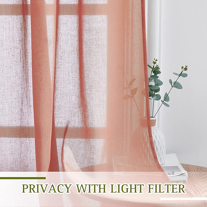 NICETOWN Open Linen Weave Linen Burlap Window Curtains, 72 inches Medium Long Privacy Semi-Transparent Sheer Panels for Farmhouse/Bedroom, Terracotta=Burnt Orange, 104" Wide Total 2 Panels