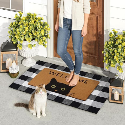 UINI Door Mat Combo Set, 28" x 43" Plaid Mat +17" x 30" Black Cat with Green Eyes Doormat, 2 PCS Welcome Mat Set for Front Door, Entrance, Porch Decor, Non-Slip