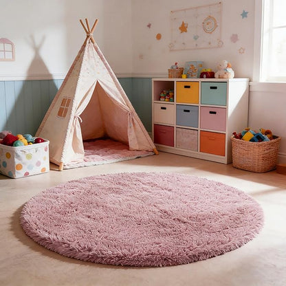 yulidayang Fluffy Round Area Rugs for Bedroom,Blush 4'X4'Shag Circle Area Rugs for Living Room,Non Slip Fuzzy Plush Rug for Kids Room Boys Girls Room and Dorm