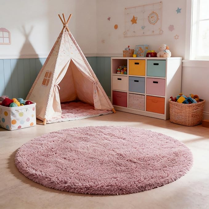 yulidayang Fluffy Round Area Rugs for Living Room,Blush 6'X6'Shag Circle Area Rugs for Bedroom,Non Slip Fuzzy Plush Rug for Kids Room Boys Girls Room and Dorm