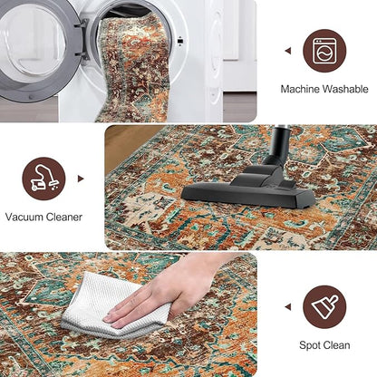Yamaziot Washable Runner Rug, 2x6 Non-Slip Boho Vintage Hallway Rug Runner with Rubber Backing, Stain Resistant Distressed Carpet Runner for Bedroom, Kitchen, Laundry, Entrance