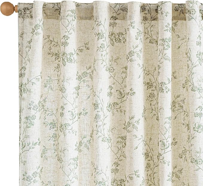 Lazzzy Linen Farmhouse Curtains Green Floral Curtains 63 Inch Length Back Tab Drapes for Living Room Bedroom Light Filtering Country Vintage Rod Pocket Curtain, 2 Panels, Green on Beige