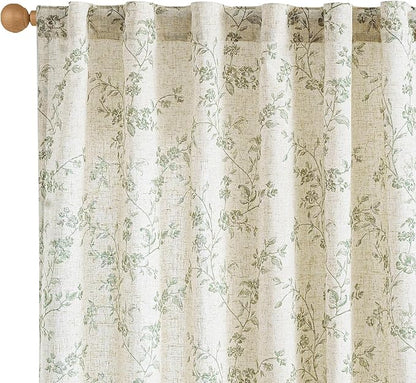 Lazzzy Linen Farmhouse Curtains Green Floral Curtains 63 Inch Length Back Tab Drapes for Living Room Bedroom Light Filtering Country Vintage Rod Pocket Curtain, 2 Panels, Green on Beige