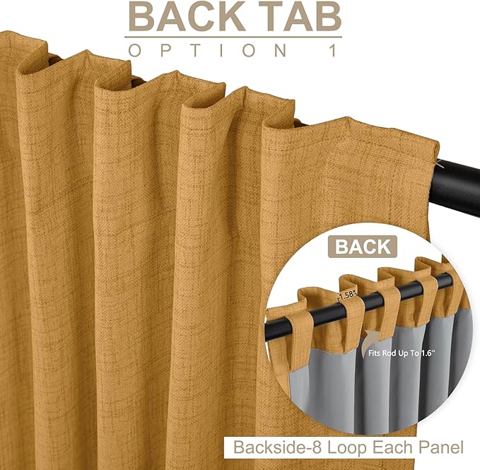100% Blackout Shield Linen Blackout Curtains for Bedroom 102 Inches Long,Back Tab/Rod Pocket Living Room Drapes,Thermal Insulated Textured Blackout Curtains 2 Panels Set,50" W x 102" L,Mustard Yellow