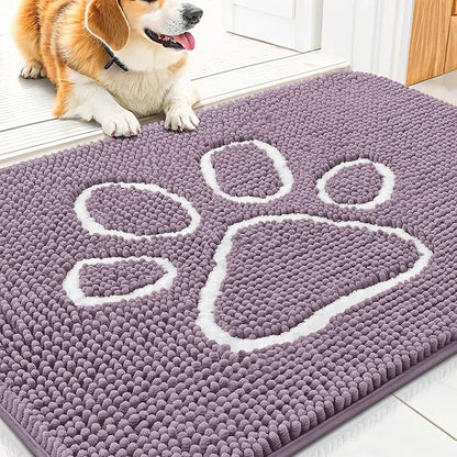 Smiry Dog Door Mat for Muddy Paws, Absorbent Dirt Trapper Non Slip Quick Dry Washable Chenille Mat for Mud Dogs, Entry Rug for Indoor and Outdoor (30x20 Inches, Deep Plum and White)