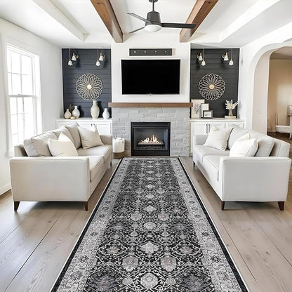 Washable 4x12 Hallway Runner Rug: Vintage Soft Carpet for Living Room Bedroom Stain Resistant Area Rug with Non-Slip Backing for Entryway Kitchen Thin Floor Mat for Bathroom Dining Room(Black,4x12)