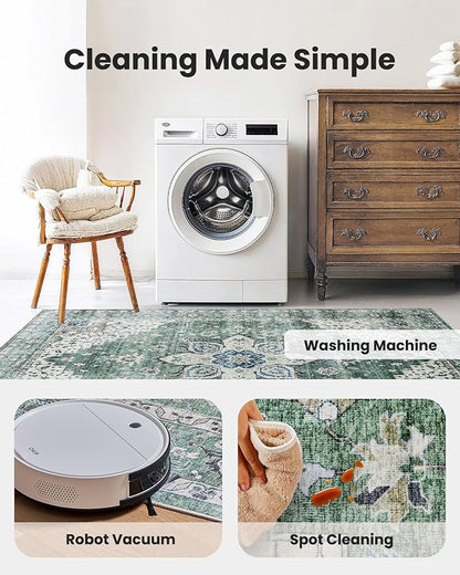 AMADA HOMEFURNISHING 2'6"x8' Washable Area Rug, Low-Profile Entryway Rug with Non-Slip Backing & Durable Edge Binding, Vintage Rug Pattern, Small Rugs for Entryway, Kitchen & Living Room