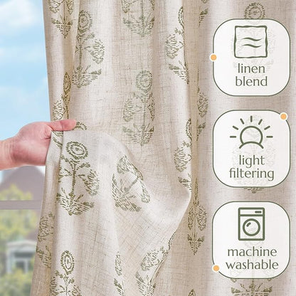 jinchan Linen Floral Curtains for Living Room 63 Inch Length Green Flower Cottage Core Farmhouse Curtains Rod Pocket Back Tab Boho Semi Sheer Window Drapes Bedroom Set 2 Panels Green on Beige