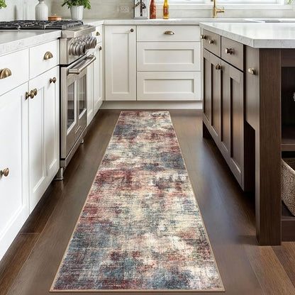 IOHOUZE Abstract Runner Rug 2x8 Ft Washable Runners for Hallways, Non Slip Kitchen Runner Printed Faux Wool Entryway Runner Indoor, Modern Abstract Floor Carpet for Hall Kitchen Bedroom, Red/Multi