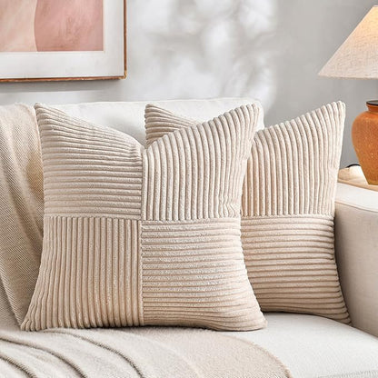 Fancy Homi 2 Packs Tan Big Decorative Throw Pillow Covers 24x24 Inch for Living Room Couch Bed Sofa, Farmhouse Boho Home Decor, Soft Corss Corduroy Patchwork Accent Square Beige Cushion Case 60x60 cm