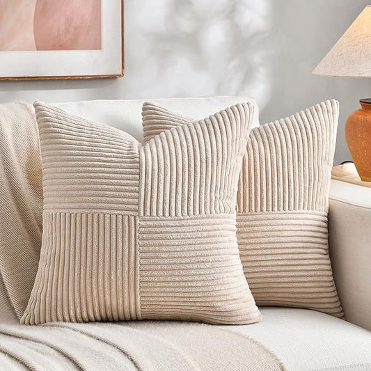 Fancy Homi 2 Packs Tan Decorative Throw Pillow Covers 16x16 Inch for Living Room Couch Bed Sofa, Farmhouse Boho Home Decor, Soft Corss Patchwork Corduroy Textured Square Beige Cushion Case 40x40 cm