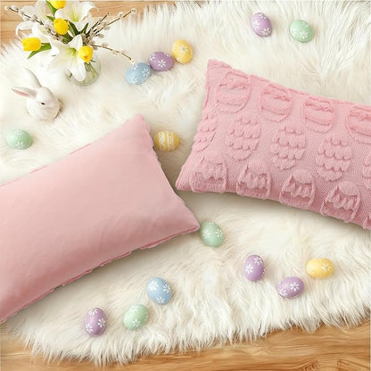 decorUhome Easter Pink Egg Pillow Covers 12x20 Inch Set of 2, Soft Plush Faux Wool Jacquard Cushion Covers, Farmhouse Neutral Fuzzy Spring Easter Holiday Decor for Couch Sofa Bed