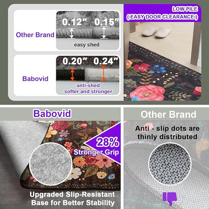 Black/Brown Floral Rug for Entryway, 2x3 Washable Kitchen Mat Ultra-Thin Soft, Non-Slip Indoor Door Carpet Stain Resistant Boho Small Low-Pile Throw for Bathroom Bedroom (2 x 3, Black/Brown)