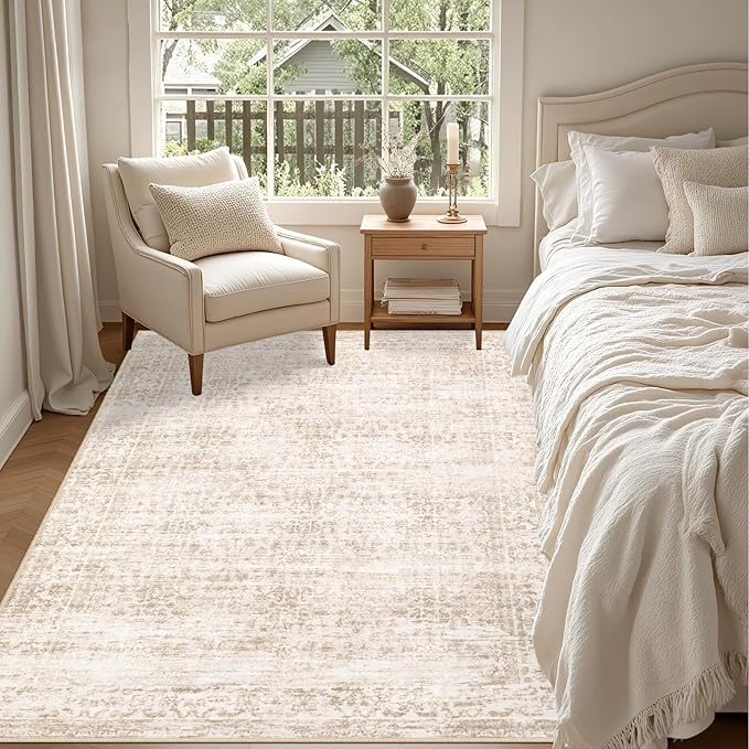 3x5 Area Rugs Living Room Rug: Washable Vintage Boho Rug No Slip Stain Resistant Soft Carpet Indoor Floor Floral Large Carpets for Bedroom Dining Room Farmhouse Nursery Home Office Beige