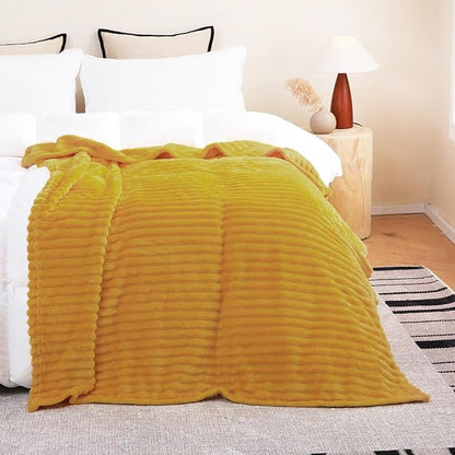 Mustard Yellow Fleece Throw Blanket 50”×60” for Couch Sofa Bed,Super Soft Cozy Plush Microfiber Flannel Blanket with Stripes Design Lightweight for Adults,Woman,Girls