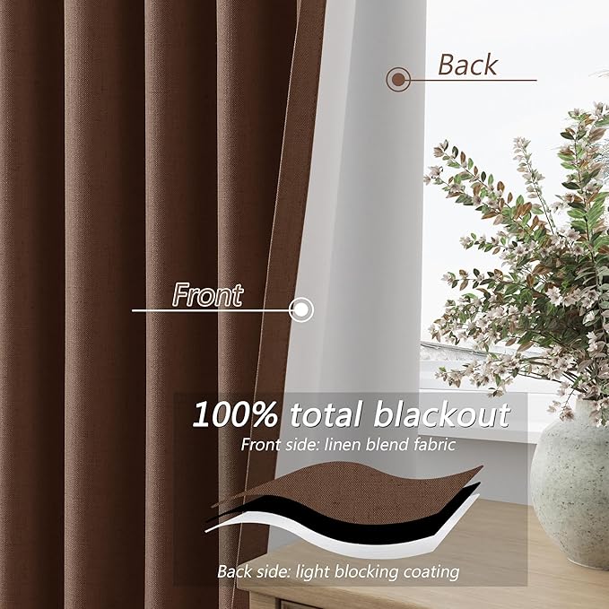 Guken 100% Blackout Curtains 96 Inch Length 2 Panels Set for Living Room Bedroom Back Tab Thermal Insulated Black Out Linen Drapes Room Darkening Window Curtains 96 Inches Long,Rustic Brown