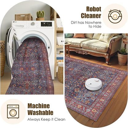 Washable Area Rug 6' x 9' Vintage Traditional Persian Mat - Foldable Distressed Non-Slip Machine Washable Carpet for Living Room Bedroom Kitchen Home Decor - Indigo and Crimson