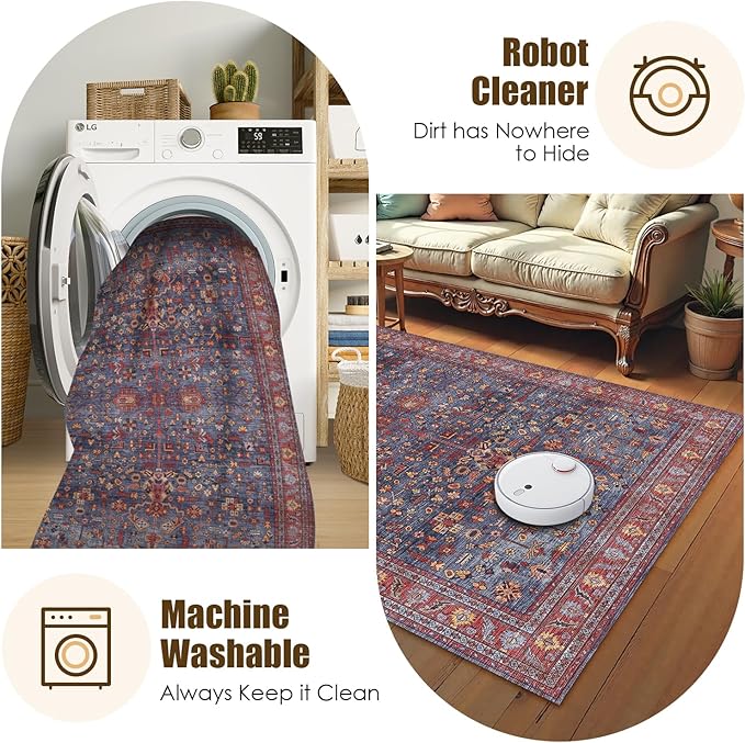 Washable Area Rug 5' x 7' Vintage Traditional Persian Mat - Foldable Distressed Non-Slip Machine Washable Carpet for Living Room Bedroom Kitchen Home Decor - Indigo and Crimson