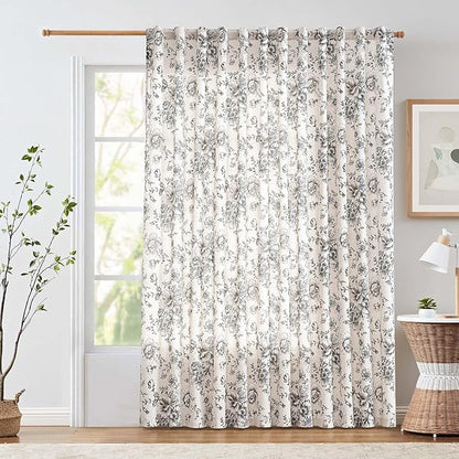 jinchan Linen Floral Curtains 100 Inch Extra Wide for Patio Sliding Glass Door Room Divider Curtain for Living Room 90 Inch Length Farmhouse Peony Black Printed Curtain Set 1 Panel
