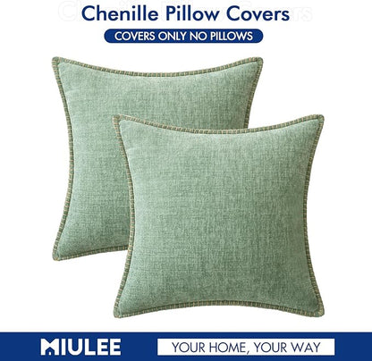 MIULEE Pack of 2 Couch Throw Pillow Covers 20x20 Inch Greyish Green Farmhouse Decorative Pillow Covers with Stitched Edge Soft Chenille Solid Dyed Spring Pillow Covers for Sofa Bed Living Room