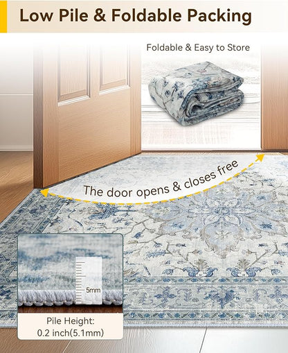 Area Rugs Square 8ft Washable Non-Slip, Floral Vintage Distress Print Pattern Medallion Carpet for Living Room Bedroom Dining Room, Light Blue Navy Beige Gray White