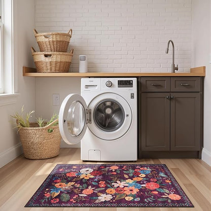 2x5 Entryway Runner Rugs, Non Slip Washable Rugs with Rubber Backing Soft Floral Carpet Runner for Kitchen, Laundry, Bedroom, Bathroom(2 x 5, Purple)