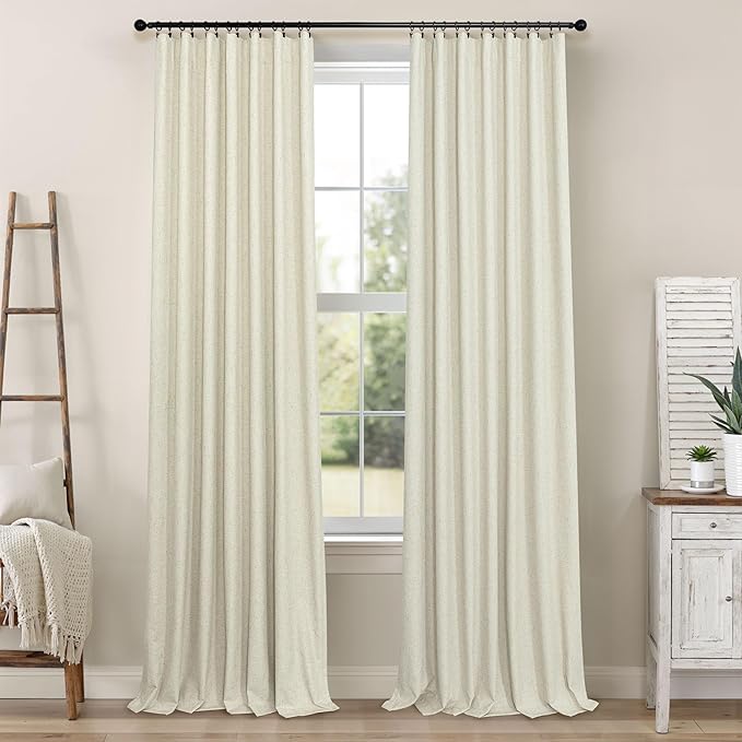 Primitive Curtain 108 Inch Long 2 Panels Burg Linen Textured 9 ft Floor Length to Ceiling Traverse Curtains for Living Room Extra Wide Extreme Blackout Drapes Sun Blocking Sound Absorbing Cream Beige