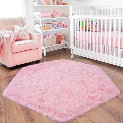 4x4.6 Feet Pink Hexagon Rugs for Princess Tent, Ultra Soft Fluffy Hexagon Area Rug for Bedroom, Cute Shag Rugs for Girls Room, Fuzzy Plush Carpet for Kids Room Tent Castle Home Decor