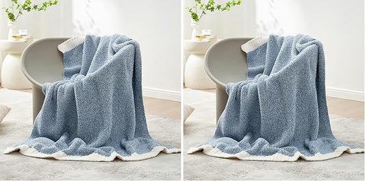 Snuggle Sac Blue Throw Blankets for Couch, Reversible Super Soft Warm Blankets Cozy Knit Blanket Fuzzy Plush Throws for Sofa, Bed, Gift, Heather Blue, 50 x 60 inches (Pack of 2)