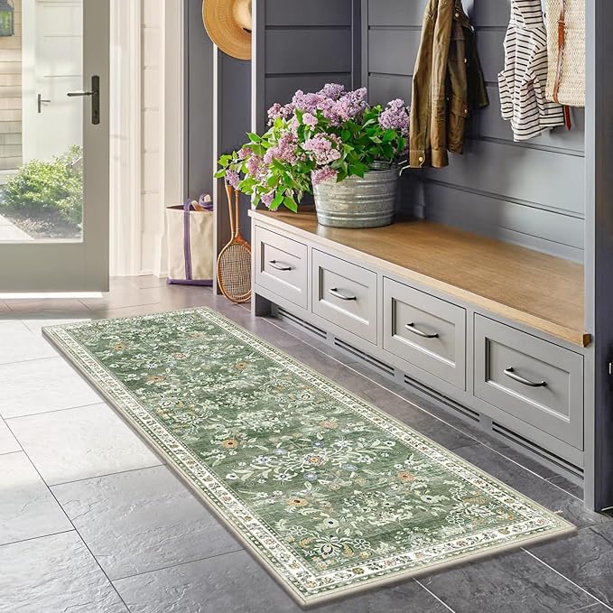 Yamaziot Washable Runner Rug 2x10 – Floral Non Slip Boho Hallway Runner Rug with Rubber Backing, Low Pile Faux Wool Distressed Carpet for Kitchen, Laundry, Bedroom, Entrance, Green
