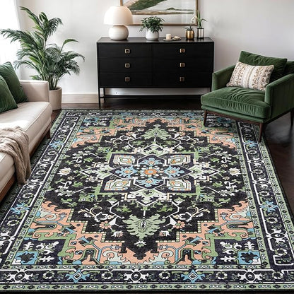 Lofus 9x12 Area Rugs for Living Room, Machine Washable Area Rug, Soft Large Rugs for Bedroom, Kitchen, Office and Indoor, Vintage Boho Carpet, Non-Slip Low Pile Carpets, Dark Green