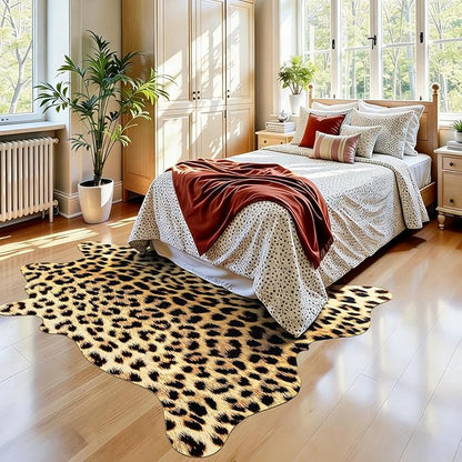 AROGAN Western Decor Faux Fur Leopard Rug, 6.2 x 7 Feet Premium Animal Skin Leopard Hide Rug, Sturdy Cheetah Print Rugs for Wall Decor, Western Floor Carpet for Bedroom Living Room, Black and Gold