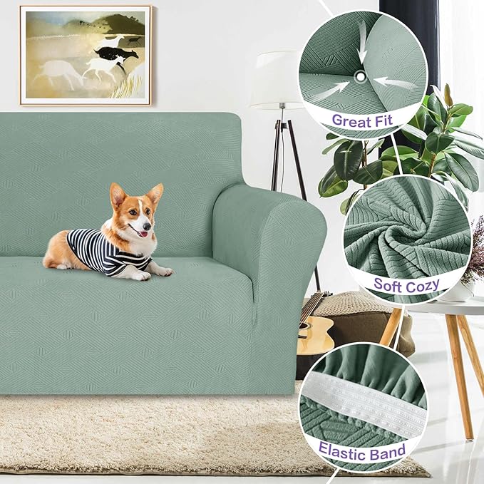 ZNSAYOTX Super Stretch Couch Cover (72"-92"), New Striped Sofa Covers Fitted Slipcovers with Elastic Bottom, Dog Cat Pets Proof Spandex Fabric Comfortable & Durable (Pea Green, Sofa)